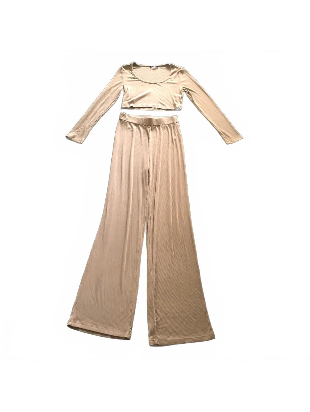 SHEIN Beige Ribbed Long Sleeve Crop Top and Wide Leg Pants Set